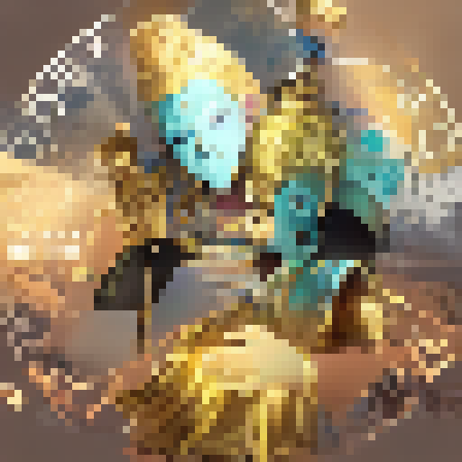 Massive, golden deity towering over an ethereal, misty landscape, adorned with intricate symbols and surrounded by celestial beings.