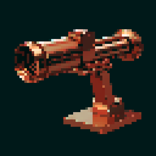 I want a copper rotary machine gun viewed head on from the right side. The barrels should be three times the size of the gun mechanisms. I want this object usable an asset in a videogame, meaning only one object per image, outlined with a strong black stroke, on a solid-color background.