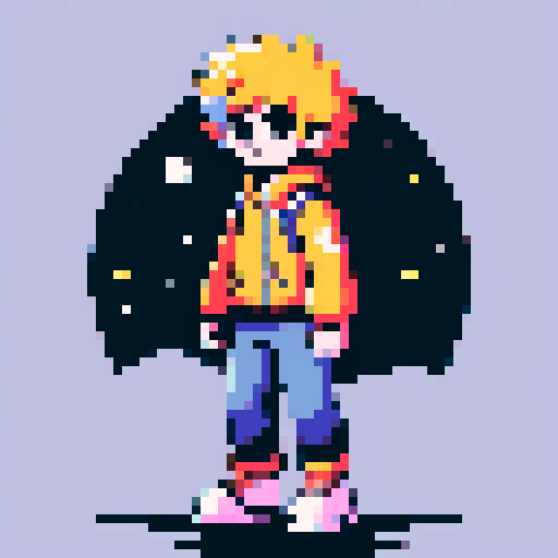 a kid with open arms, and a headpiece that resembles the sun, and a detail in his clothes on the chest area that resembles the moon. the background looks like outerspace, pixel art, sRGB