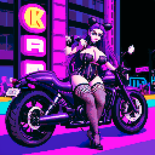 Thicc, curvy, busty goth babe with studded collar, long purple hair in buns, fishnet stockings, studded halter top, posing with motorcycle, neon signage, pixel art, sRGB