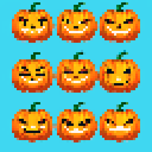cartoon pumpkin faces with expressive eyes and quirky grins, rendered in vibrant pixel art with a rich sRGB color palette