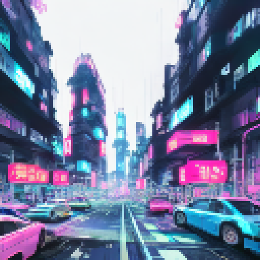 Neon-soaked skyscrapers tower over a bustling street in a cyberpunk metropolis, in a landscape-style artwork.