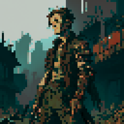 Create a 2D pixel art character for a post-apocalyptic game with a decay theme. The player is a rugged survivor, dressed in tattered clothes and worn-out armor, showing signs of exposure to a decaying world. The character wields makeshift weapons like a rusted blade or a crude gun. The color palette should include muted, earthy tones to emphasize the decay theme.