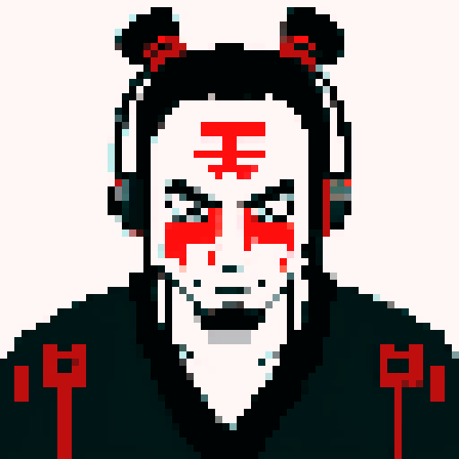 A samurai mask with DJ headphones and blood, minimalist aesthetics