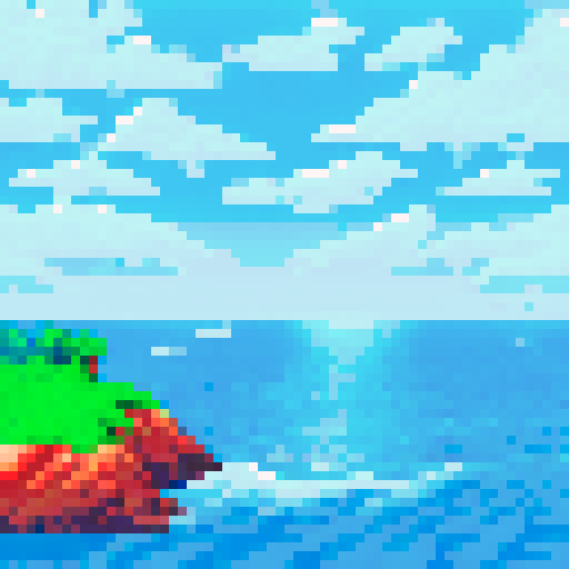 ocean waves crashing, vibrant blue hues, pixelated ripples, sandy beach, rocky shoreline, seagulls flying, distant horizon, tranquil atmosphere, top down,