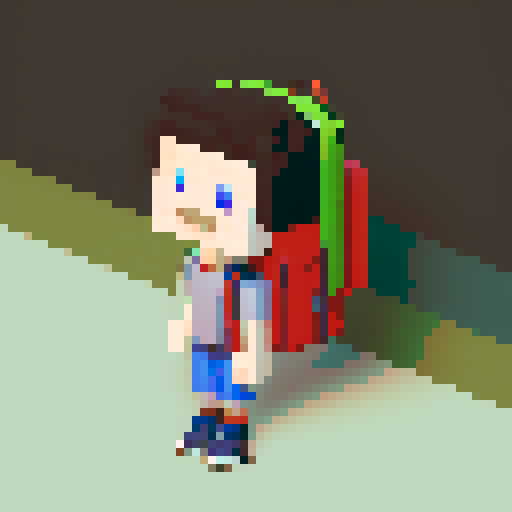 A single sprite of a young boy with a backpack on, pixel art, facing the camera, with a plain expression. His eyes are blue and his hair is brown. His backpack is red. He's wearing green hiking pants with brown shoes. He is standing in front of a plain white wall.
