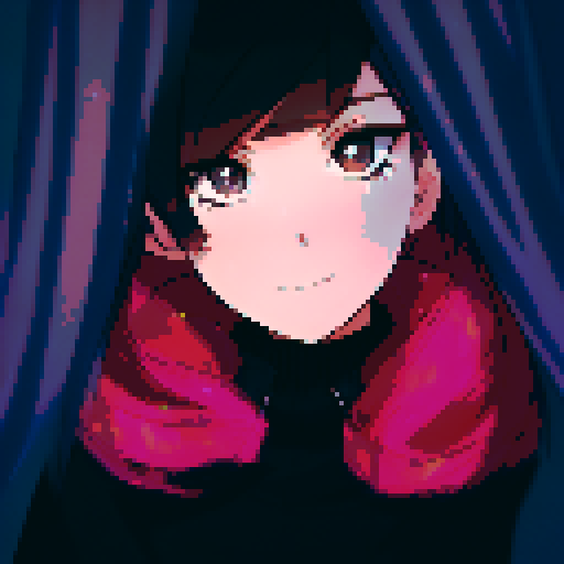 A brown-haired girl with brown eyes smiles as she stands amid blue curtains in a black dress and floating cherry blossom petals