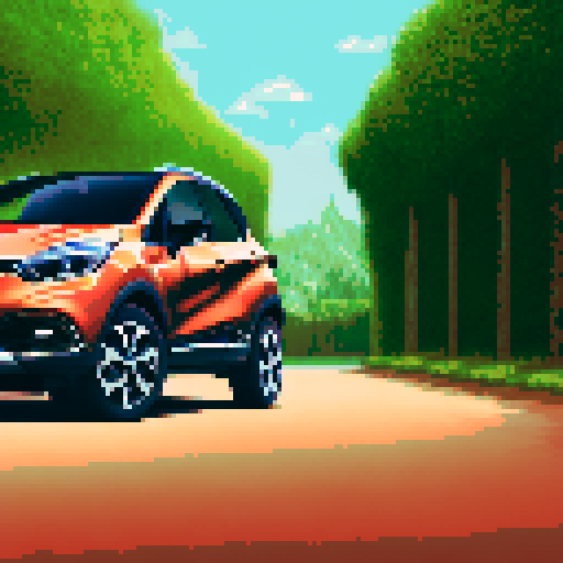 Photorealistic whole Renault Captur, centered, three-quarter view, right front wheel, clean background, sRGB colors, pixel art style