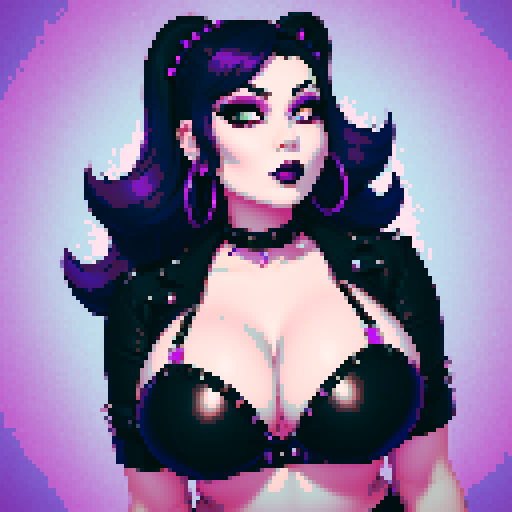 curvy, cute, busty greaser goth girl, with purple hair, black eyeshadow, red lipstick. Very busty wearing bikini, studded collar. Posing in a sexy seductive glamour shot, whole head portrait, avatar photo. vibrant sRGB colors, pixel art, edgy aesthetic