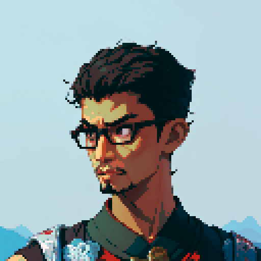 Southeast Asian man, short curly hair, round glasses, tanned, goatee, diamond shaped face, black eyes, age 25, wearing a cloaks