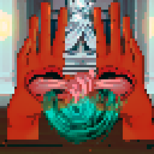 Hand monsters with mouths, entwined tongues and saliva