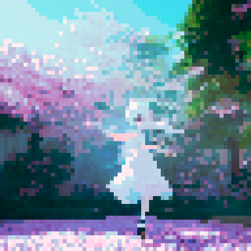 White-haired anime girl twirling in a flowy, ethereal dress amidst cherry blossom petals and a soft, pastel-colored sky
