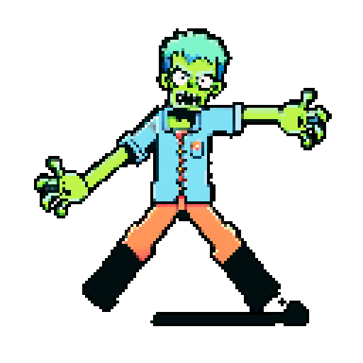 Zombie with limbs spread out wide, laying down, looking at camera, pixel art, sRGB