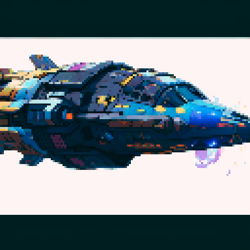 spaceship, sideview, vibrant galaxy, swirling nebulas, twinkling stars, pixel art, srgb