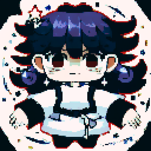 Lunar priestess with navy blue hair adorned with glowing stars, gazing directly at the viewer with piercing silver eyes, wearing a flowing midnight blue robe with a crescent moon embroidered on the hem, rendered in a pixel art anime portrait style.