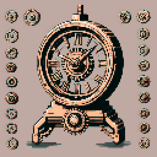 I want a copper gear that looks like it was made by a master clockmaker. It should have strange mechanical details that could interlock with each other. I also want this object usable an asset in a videogame, meaning only one object per image, outlined with a strong black stroke, on a solid-color background.