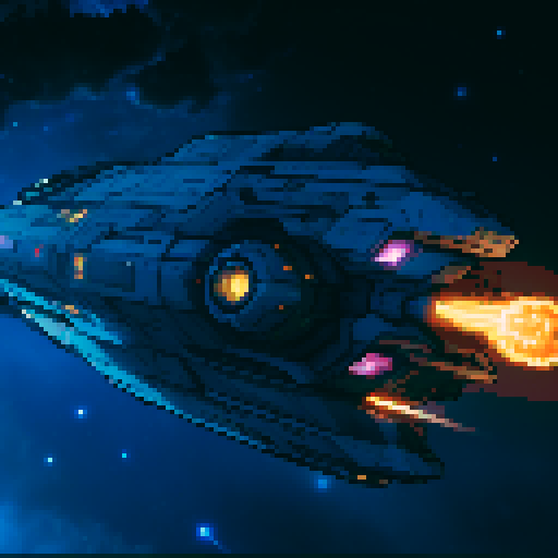 spaceship with sleek metallic exterior, glowing engine fires, starry backdrop, vibrant pixel art, sRGB colors