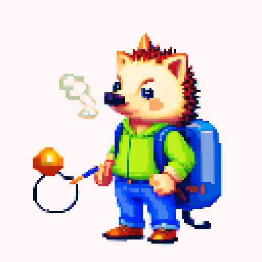 antropomorphic hedgehog with backpack and smoking pipe