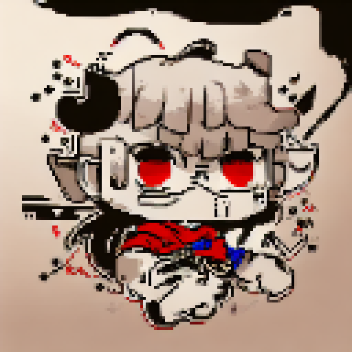 Pixelated caricature of a fierce, samurai warrior with a menacing expression, featuring bold black lines and sharp angles, all rendered in a monochromatic palette.