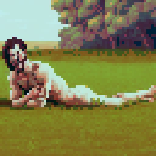 crazy, naked, long-haired man, sRGB, pixel art, grass field, front, background, landscape
