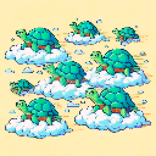 The pixelated green turtles have no choice but to flee on their clouds.