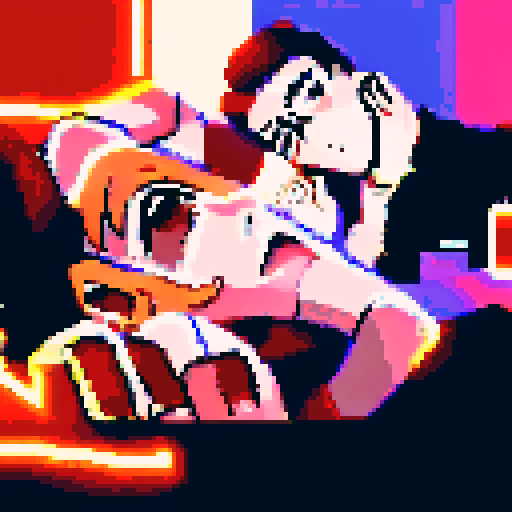Two figures, entwined and lost in passion, their bodies illuminated by a neon glow that highlights every contour and curve, rendered in a pixel art style that captures every intricate detail of their anatomy and the raw, unbridled energy of their lovemaking, their faces flushed with pleasure and their eyes locked in an intimate gaze that speaks of deep connection and mutual desire