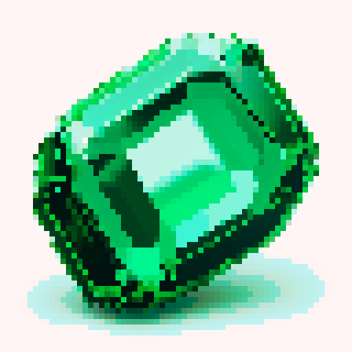 Emerald gem shining with vibrant green hues, pixelated and meticulously crafted in sRGB color profile