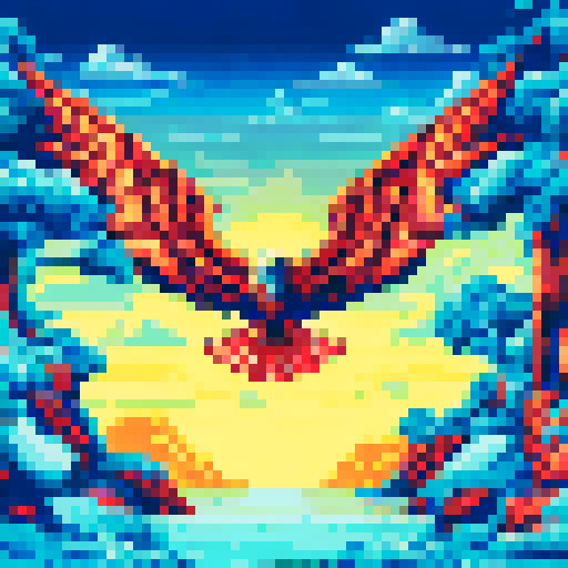 eagle, majestic, soaring, powerful wings, fierce gaze, American flag, patriotic colors, detailed feathers, vibrant background, scenic landscape, sRGB, pixel art