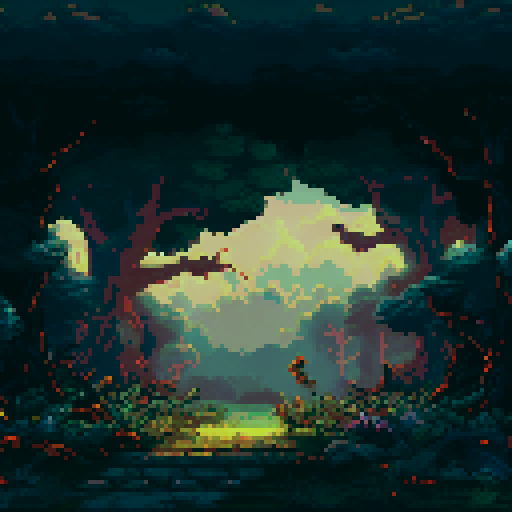 abandoned house in the middle of the woods, enormously tall trees casting long shadows, shadow people hiding, sRGB, pixel art, background