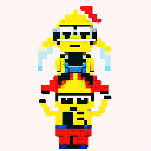 Minions, pixel lego, vibrant colors, blocky forms, playful expressions, retro video game aesthetic, 8-bit graphics, square pixels, limited color palette, sRGB compression