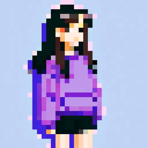 girl in oversized purple sweater, black shorts, long brown hair, brown eyes, pixelated style, vibrant sRGB colors