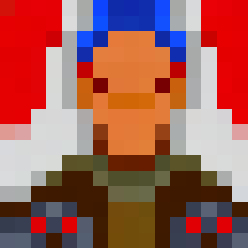 Man with wide, piercing eyes and messy hair, wearing a red bandana and blue shirt, against a dark background, rendered in retro 16-bit pixel art, for a video game icon