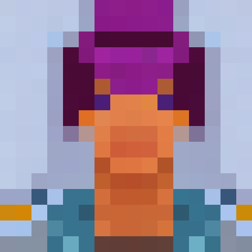 elderly native American woman with purple hair in short braids, and a soft smile