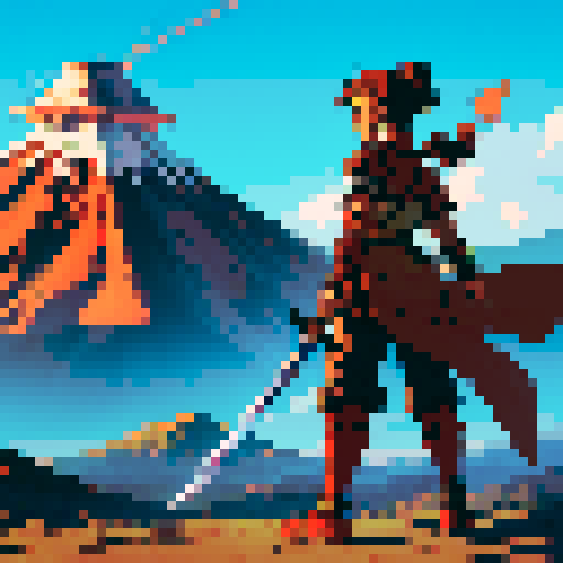 Anime warrior on an adventure with a volcano in the background. The warrior is holding a sword. 