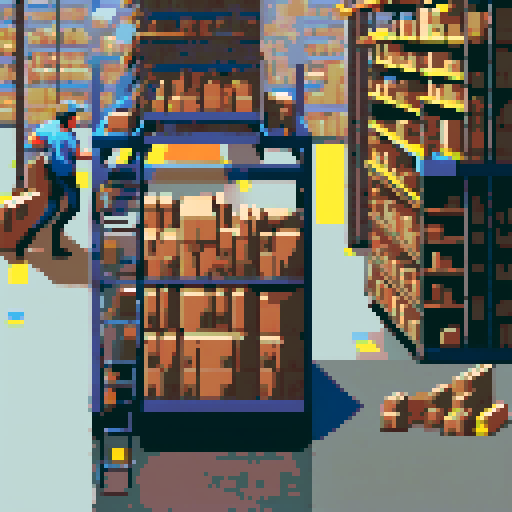 Pixelated shelves stocked with an abundance of products, workers scurrying around in bright blue uniforms, conveyor belts buzzing with packages, vibrant color palette capturing the energy of the bustling Amazon warehouse