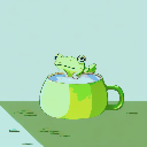 In the cozy ambiance of a dimly lit room, a small, jovial frog perches comfortably upon a plush couch chair, its diminutive size emphasized by the vastness of the furniture. The flickering flames of a nearby fireplace cast a warm glow, enveloping the space in a soft, golden light, creating an atmosphere of comfort and relaxation. With a mug clasped delicately between its tiny webbed fingers, the contented frog takes a sip of steaming coffee, its expression reflecting pure bliss.