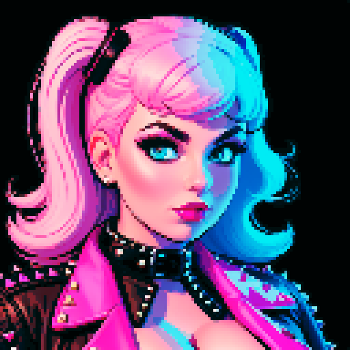 curvy, busty 1980s rocker babe with studded collar. Portrait of head, in a close up glamour shot. Neon lighting, modern tile backsplash.