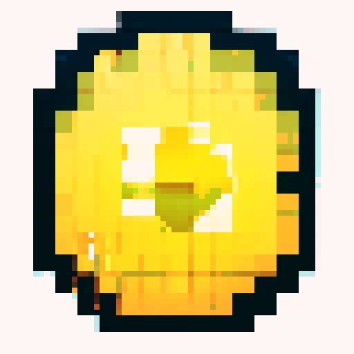 Imagine a digital, pixelated coin, shimmering with a bright golden hue. This coin has a classic round shape, resembling a traditional coin, but its surface is made up of tiny, square pixels, giving it a distinctly digital and retro video game look. The pixels catch light at various angles, making the coin glint and sparkle. On its surface, there is a simple, pixelated design – perhaps a symbol or a character – that is iconic and easy to recognize, yet rendered in a minimalist, blocky style typic