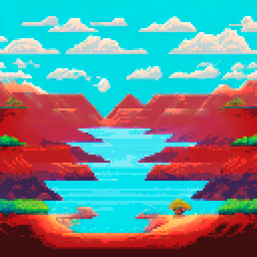 Pixel art of a Martian surface, red rocky terrain with craters, distant mountains, and a dusty orange sky, retro-style 16-bit, 800x600, simple design for a space survival game, no characters or objects, only landscape