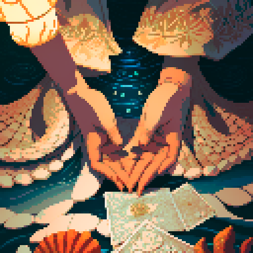 A close-up of a woman's hands over a table during a tarot card reading in a medieval dark style. The table is adorned with elements of the ocean such as sea shells, sand, and small pieces of coral. The atmosphere is mystical and dimly lit, with candlelight casting shadows that enhance the eerie and magical mood. The woman's hands are gracefully poised over the cards, which also have oceanic designs like waves and mermaids.