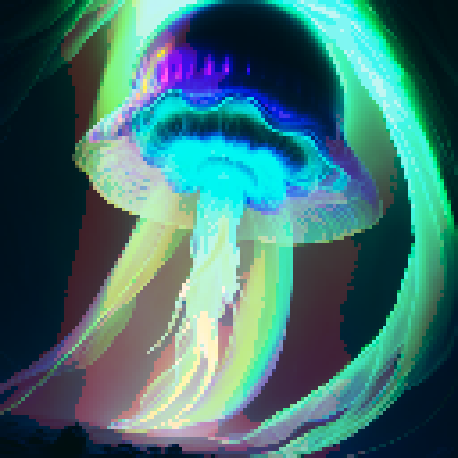 Glowing holographic jellyfish, ethereal and translucent, floating gracefully in a dark, mysterious realm, their tendrils adorned with intricate, iridescent patterns, reminiscent of a fantasy RPG