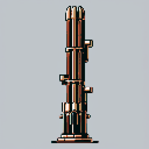 I want a tall vertical copper structure reminiscent of a organ pipe. It should have strange mechanical details that could interlock with each other. I also want this object usable an asset in a videogame, meaning only one object per image, outlined with a strong black stroke, on a solid-color background.
