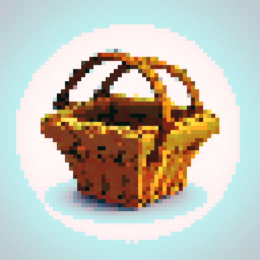 Empty rush basket, intricate weaving, , small pixels, low resolution, , detailed shading, sRGB color palette, minecraft textures, 