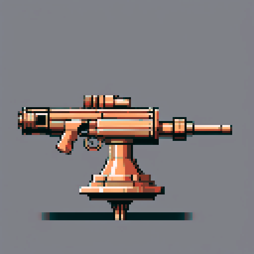I want a copper structure reminiscent of a rotating gun on top of a turret. The design should be relatively simple. I also want this object usable as an asset in a videogame, meaning only one object per image, outlined with a strong black stroke, on a solid-color background.