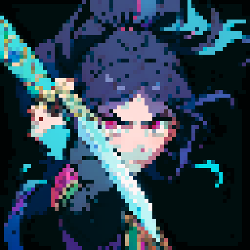 girl with long hair and fierce expression, holding a shining sword with intricate engravings, vibrant colors, and sharp pixelated details