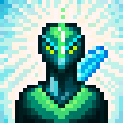 Alien creature with distinctive appearance, advanced civilization features, wielding futuristic laser beam weapon emitting vibrant energy beam, in a dramatic otherworldly landscape with strange plants, unusual terrain, multiple moons, portrayed in game icon style, 32x32 pixel art, sRGB, skill art, close up portrait
