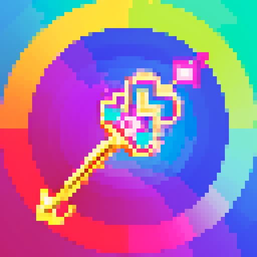 magical key, glowing with vibrant colors, intricate design, shimmering with pixelated details, sparkling with sRGB brilliance