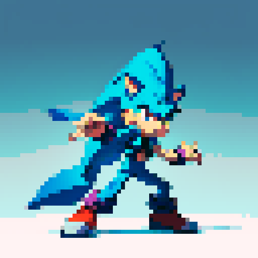 Full-body image of a character ready to fight, no background. They look like a cross between sonic the hedgehog and megaman.