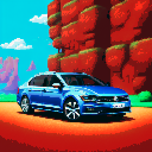 Photorealistic whole Volkswagen Passat, centered, three-quarter view, right front wheel, clean background, realistic colors, pixel art style