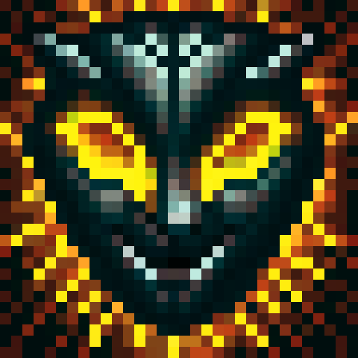 Black Cat face icon, scary, sRGB color, game icon, 32x32 pixel art, skill art, close up, portrait, glowing eyes, sharp fangs, intense expression, dark background, jagged whiskers, detailed fur pattern, eerie lighting